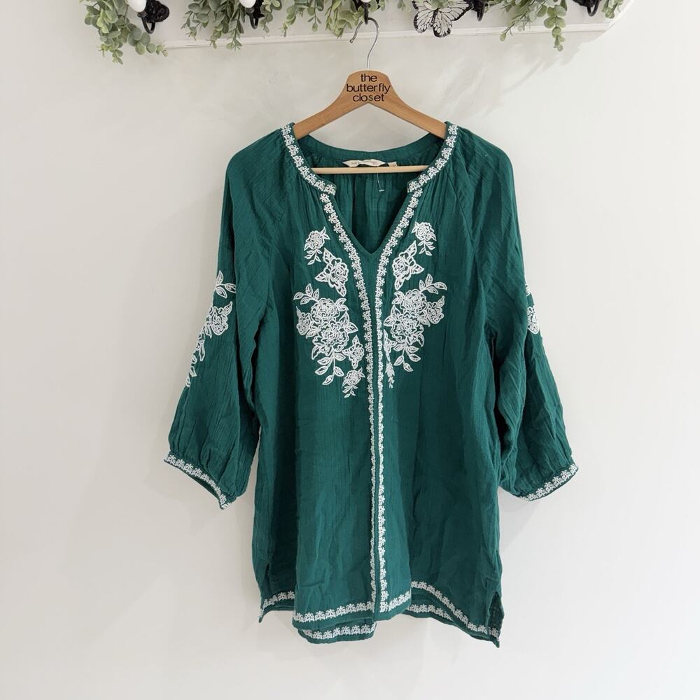 SOFT SURROUNDINGS Green Katie Cotton Gauze Relaxed Fit Embroidered Tunic Large